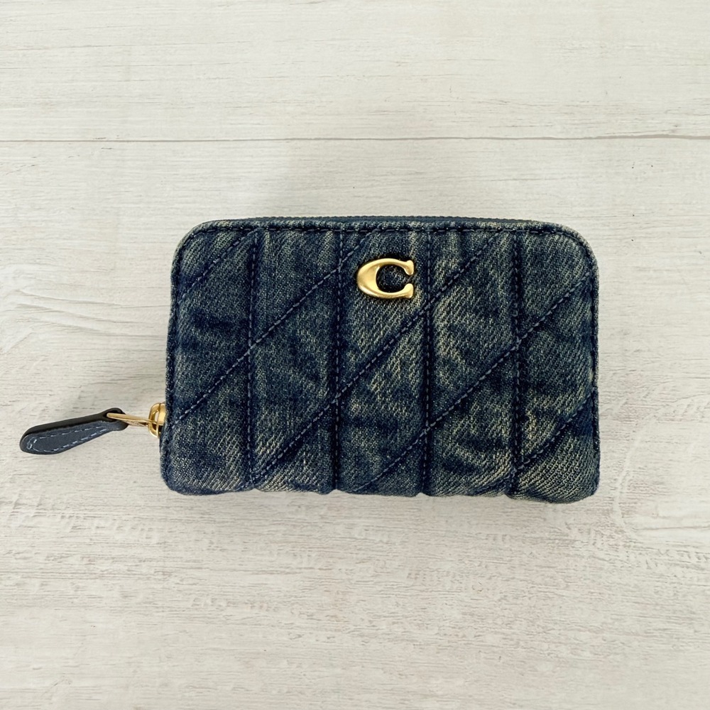NWT Coach Small Zip Around Card Case Wallet Dark Indigo Quilted Denim